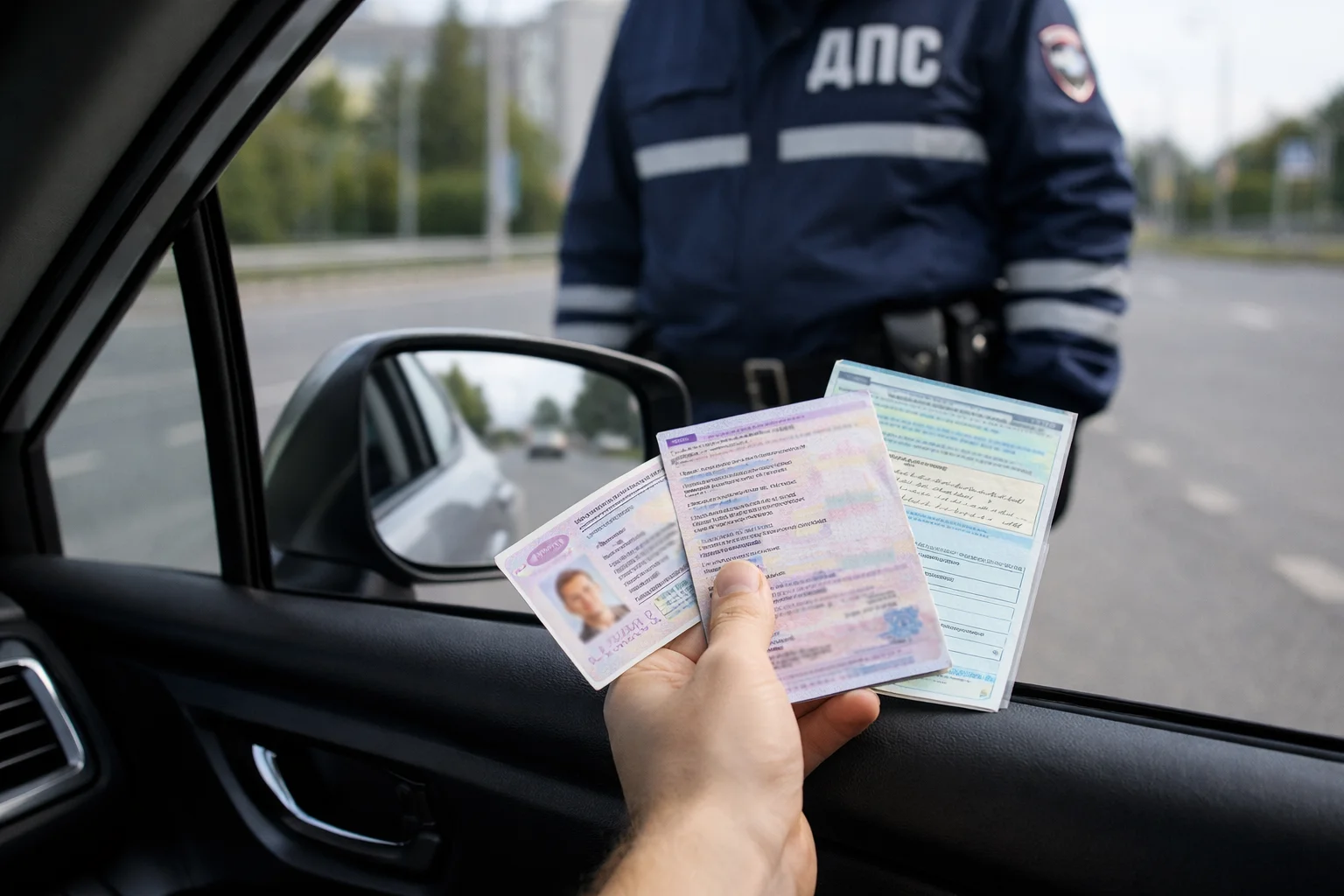 Водитель показывает водительское удостоверение, СТС и полис ОСАГО сотруднику ДПС через окно автомобиля.