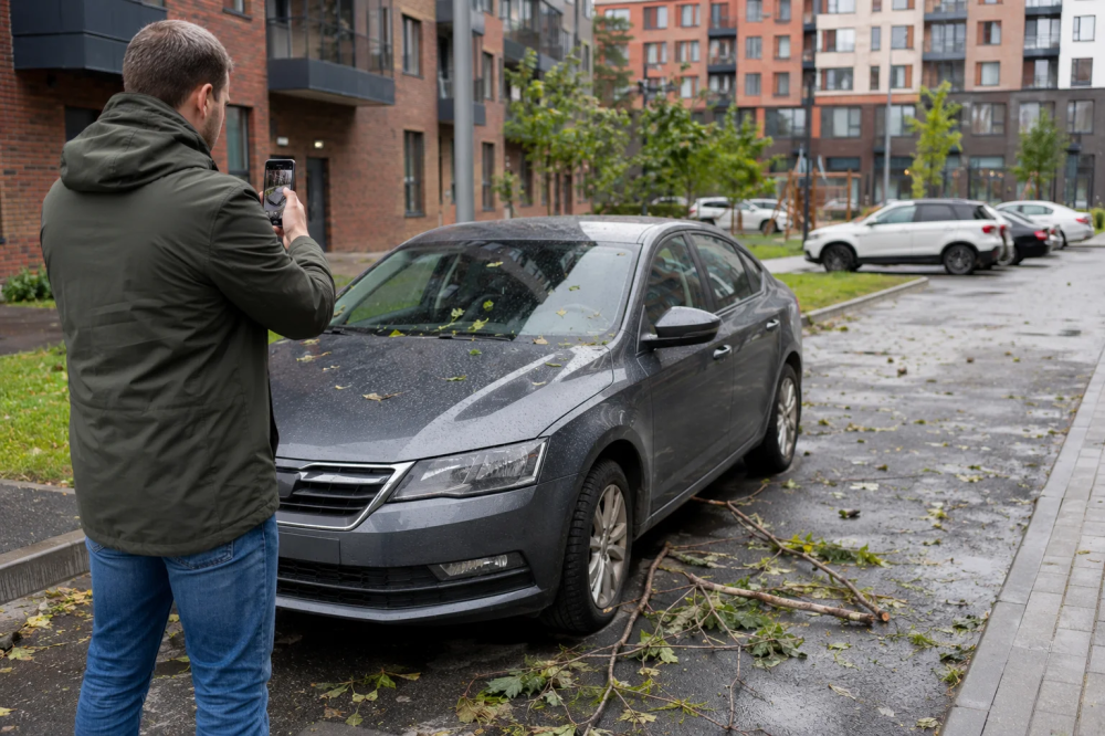 Водитель фотографирует автомобиль после падения веток во дворе для фиксации повреждений.