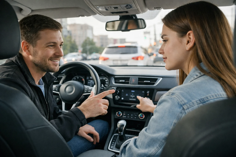 Инструктор по вождению спокойно объясняет ученице управление автомобилем на занятии в автошколе в Тюмени.