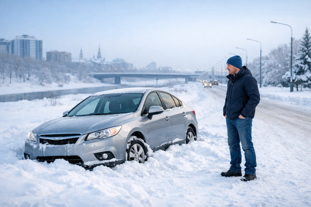 Автомобиль застрял в снегу на зимней дороге в Тюмени, водитель рядом оценивает ситуацию.