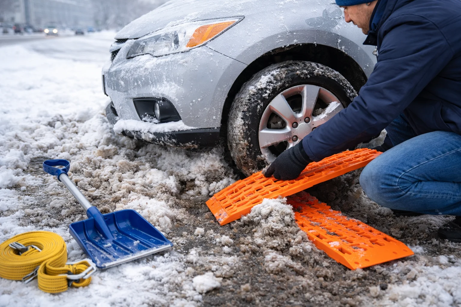 Застрявшая в снегу машина, рядом лопата, буксировочный трос и противобуксовочные трапы для безопасного выезда.