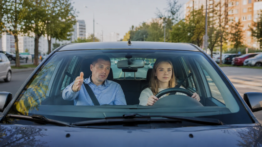 Ученик автошколы «Формула» проходит практическое занятие по вождению в Тюмени с инструктором.